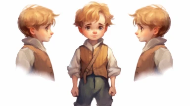 frontal close up on white background , cute little boy  Hansel EDIM ( hansel character from the hansel and gratel fairy tale) in poor clothing, Watercolor , illustrations clipart,