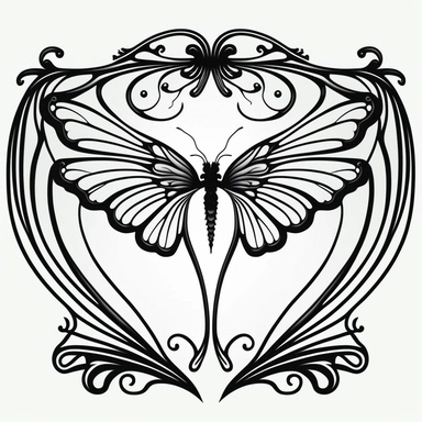 symmetrical dragonfly style fairy wings in art nouveau style, black lines, detailed, flat design, white background, clipart style, black and white,