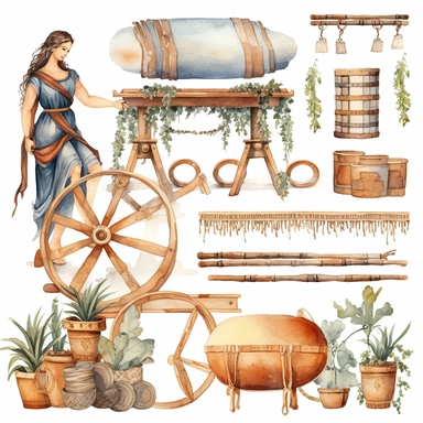 Watercolor well roman people weaving cloth , illustrations clipart set, simple, , cartoon elements, different variants , , marble elements, separate elements with a margin