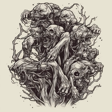 Close-up of a Cluster of body ghoul zombie lacerated limbs in a death metal t - shirt design monochromatic clipart