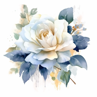 One Dusty blue and white rose flower, big blooms, with muted green whispy foliage with gold flicks, elegant and beautiful floral clipart for wedding invitations, delicate, watercolor, oil painting, defined edge on white background
