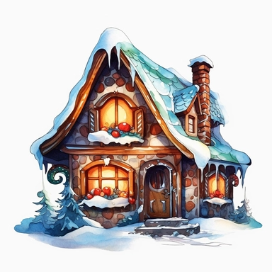 one christmas gingerbread house clip art on a white background, vector, in the style of realistic Watercolor illustrations, fantasy illustration, dark amber and white, uhd image, nature-inspired art nouveau, rtx on, papua new guinea art , no watermark, text, 300 DPI , typography, shapes do not stick together, no text in the picture, on a white background