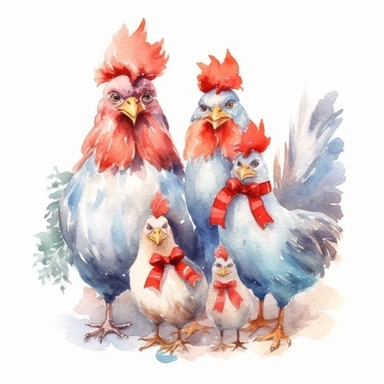 charming family of 4 chicken, Christmas morning, festive decor and mood, ornamental watercolor, clipart