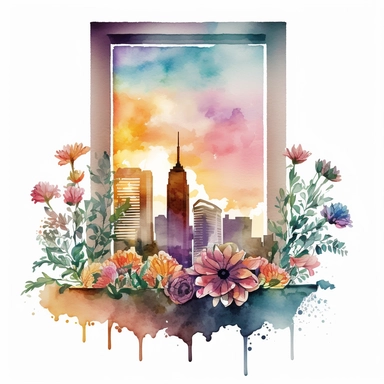 one Watercolor BIG Window WITH Chicago SUNRISE VIEW and little flowers clipart