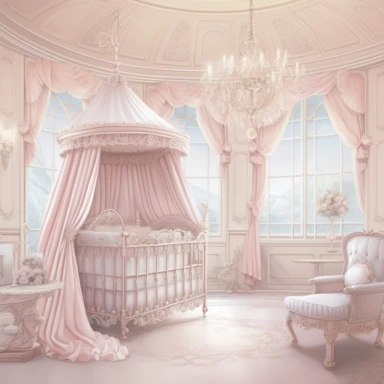 panoramic view, full view, beautiful elegant royal baby girl nursery room drawing painting, frilly, romantic, fantasy, ethereal, light pink and white colors, beautiful crib with beautiful full flowing canopy, beautiful bling crystal chandelier, soft pink teddy bear, beautiful large Victorian style window with beautiful pink flowing drapes, faux fur rug, sharp focus, high detail, 8k, illustration clipart style, transparent background