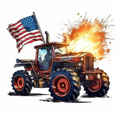 Sticker, American flag with tractor and firework Sublimation Clipart, Cartoon funny, Cute anime, Very detailed, white background