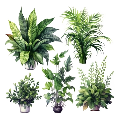 BOSTON FERN, DWARF DATE PALM, SPIDER PLANT, CHINESE EVERGREEN, DEVIL’S IVY, BROADLEAF LADY PALM, PEACE LILY, BARBERTON DAISY, watercolor, Object, vector collection, clipart, 8k, white background.
