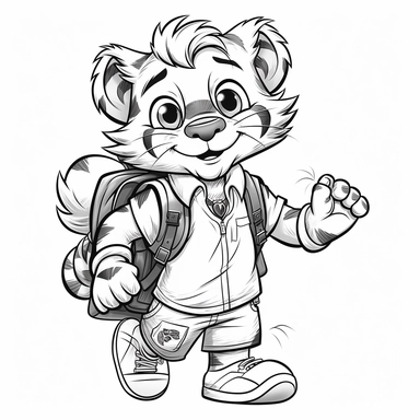 Full Coloring book page black and white, happy standing tiger going to school, school tiger with backpack, athletic,clipart,4k, white background, low details, black and white line art, vector monochrome, ar 2:3