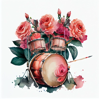 watercolor painting of a drum set with roses on white background, clipart, illustration, ultra detailed art