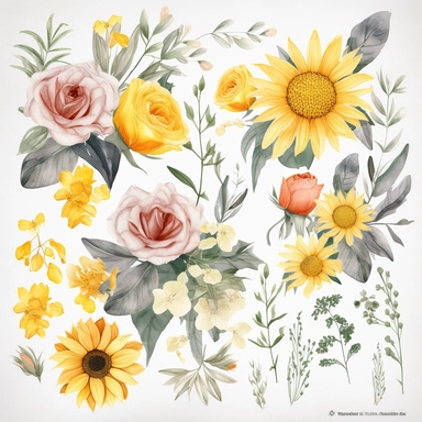 Add a touch of elegance to your designs with our handcrafted floral clipart, featuring delicate roses, vibrant sunflowers, and graceful tulips, white background