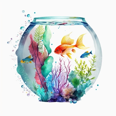 Watercolor fish inside aquarium, clipart, white background, no text