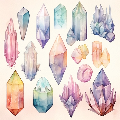 Pastel spooky crystals clipart image, in the style of mystic mechanisms, subtle pastel tones, pencil art illustrations, soft pastel tones, reimagined by industrial light and magic, litho printing, illusory images, watercolor clipart