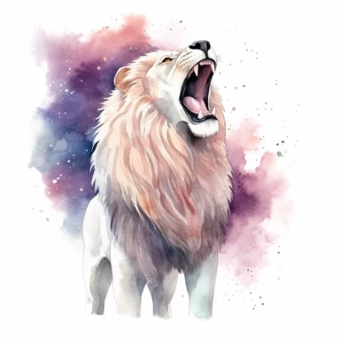 watercolor clipart of roaring white lion, full body shot, cosmos in background, on white background