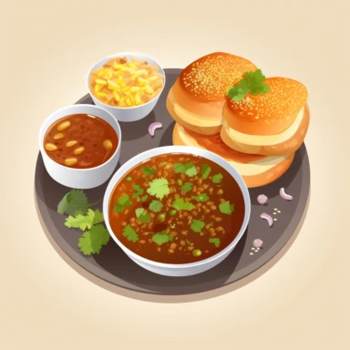 A mouth-watering graphic of the traditional Indian street food of pav bhaji, with Light background, as a clipart, in flat colours, with isometric look, pav bhaji