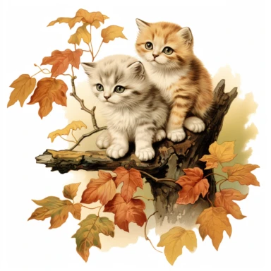 autumn themed scottish fold kittens, vintage clip art