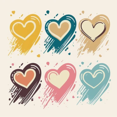Six cute heart-shaped icons vector clipart in the style of lively brushstrokes, star art group (Xing Xing), label and marker style, minimalism, muted colors, white bakcground