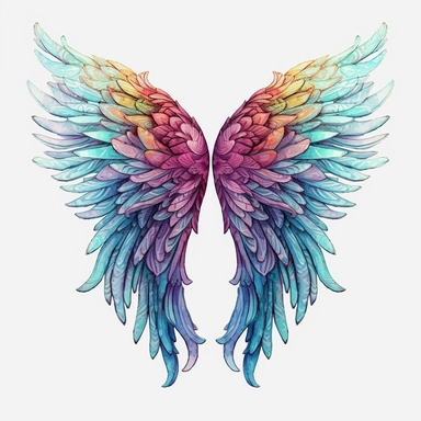 A highly detailed watercolor angel wings clipart, meticulously painted with intricate patterns, delicate brushstrokes, and subtle shading, capturing the divine essence of celestial feathers, the wings rendered in vibrant and harmonious colors, every intricate detail visible even in high-resolution 4K, evoking a sense of ethereal beauty and spiritual grace, Artwork, watercolor painting on paper,