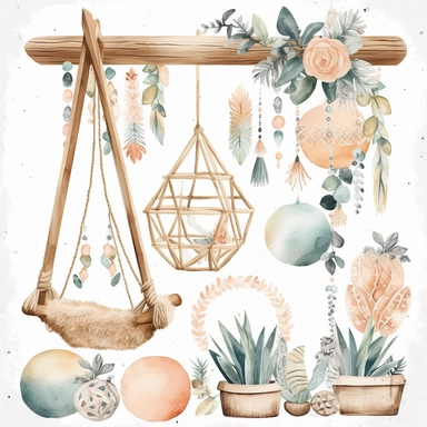 Create watercolor clipart of a boho baby mobile, featuring items such as geometric shapes, pom poms, and wooden beads. Use intricate patterns and muted colors to capture the playful yet understated boho vibe, white background