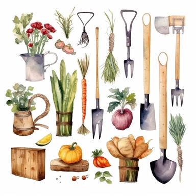 watercolor garden tools,Country farm gardening,Farmhouse decor clipart,vegetable,flower,Vintage rusty element. clip art