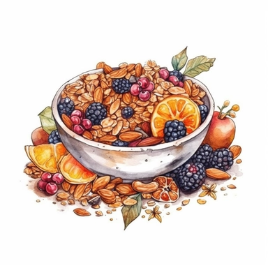 png boho style clipart on a white background of a mesmerizing watercolor clear-lined illustration. The composition is central with a clear outline. the illustration is detailed depicting a granola plate