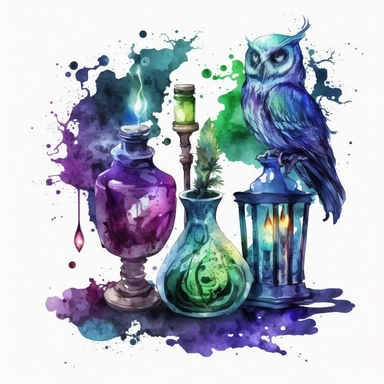 Magical Potion bottles on the wizard table with watercolor effect,mystical magic books,magical wizard owl,victorian style candlestick,fantasy scene, suitable for digital clipart,dark colours,purple color,blue color,green color,white background