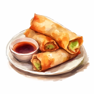 Spring Rolls (春卷) Picture: Crispy, golden-brown cylindrical rolls filled with a mix of shredded vegetables and sometimes minced meat. The rolls have a delicate, flaky outer layer that contrasts with the soft, flavorful filling inside. They are typically served with a sweet and sour dipping sauce., watercolor clipart illustration, flat blank transparent background, food photography, soft cinematic lights, juicy, bright, high quality, ultra detailed, 32k