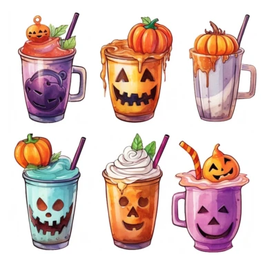 Watercolor cartoon different coffee beverages in different color cups lattes iced coffees with whipped cream halloween scary pumpkins cliparts isolated on a white background, colors purple, teal, orange, yellow high quality, extremely detailed