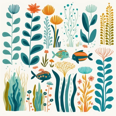 clipart collection of eight aquatic pond plants, teal, blue, green, orange, gold, vibrant, flat, vector, naive folk art, whimsical, Lilla Rogers agency illustrator, storybook style, simple patterns, stripes, evenly spaced on white background