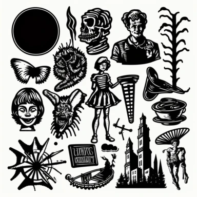 a set of eclectic maximalist black line clipart inspired by Peter Pan and Nightmare on Elm Street