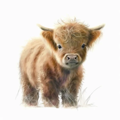 - Watercolour - Baby highland cow - Long hair - Adorable - Clipart - absolutely nothing in the background just a white plain background - Light colours