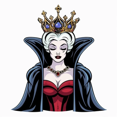 2d partially lined clipart illustration of an evil but beautiful queen, in the style of 1959's sleeping beauty movie, white background