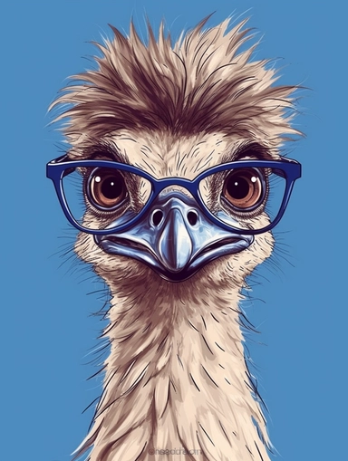 a portrait of a Emu wearing a white shirt and glasses, looking tired and done with life, vector illustration, clipart, outlines, portrait,