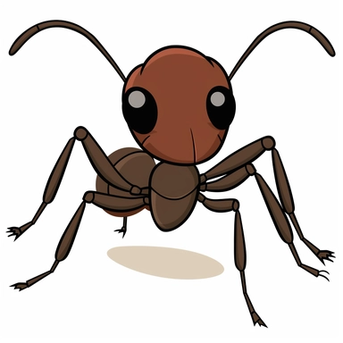 Create a clipart of an ant with a round head, a narrow thorax, and a segmented abdomen. The ant should have six legs, two antennae, and a small mandible. Please make the ant's body and head a dark shade of brown, and the legs and antennae black.