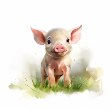 a lovable piglet with a pink snout, floppy ears, and a cheerful, inquisitive gaze, in the grass,4k,clipart,watercolor,no background