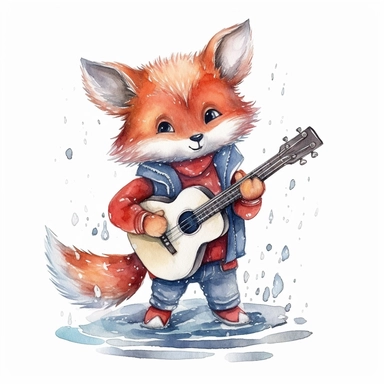 hand drawn, watercolor, water splash, cute baby fox wearing a red jacket, wearing a denim jeans, holding a guitar, fairy tale atmosphere, cute, lively, cartoon style, clipart,hd, on white background