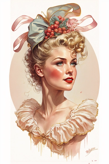 in the style of J.C. Leyendecker, a detailed cute charming carnival lady clip-art image on white background with margins, very fine lineart with watercolor, cut-out image, pastel hues, realistic,