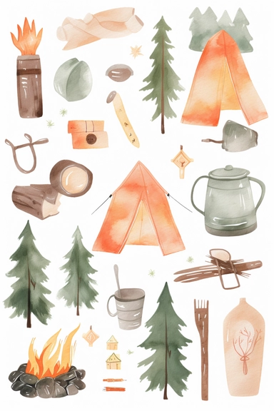 a collection of watercolor camping clipart in the style of that girl boho vibe in the colors of pastel pinks, browns, oranges and neutrals