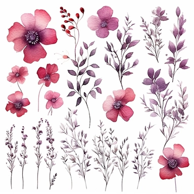 beautiful dainty burgundy flowers, mauve, boho watercolor clipart, solid white background, hard edges, smooth