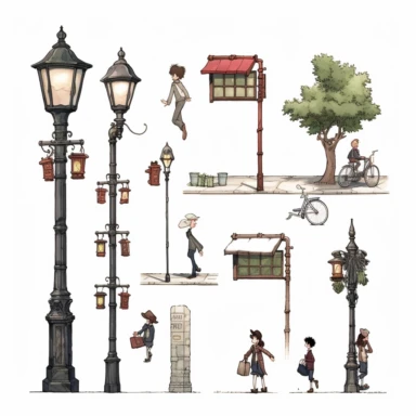 studio ghibli spirited away clipart, multiple poses and exprassions,trees, New York street lamp, hd, on white background, zoom out