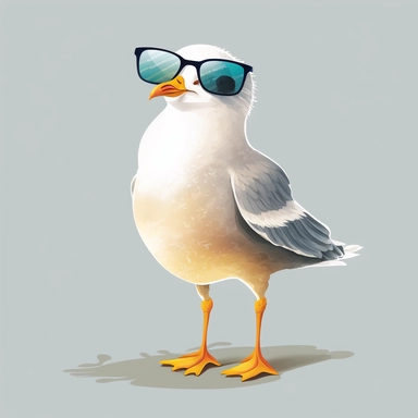 a cute seagull wearing sunglasses and flip flops, clip art style