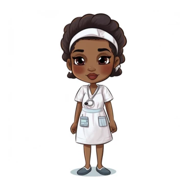single black woman nurse watercolor clipart in Chibi style. Full body