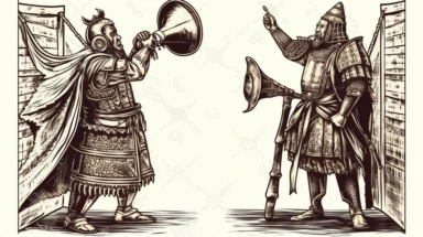 a samurai and a medieval knight standing on either side of a stage shouting at eachother through megaphones cartoon drawing clipart vector black and white detailed crosshatched vintage