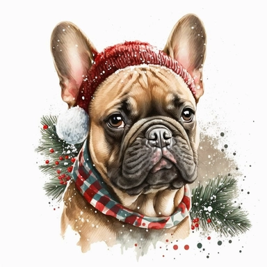 French bulldog in Christmas style, watercolor, little animals, clipart illustration,