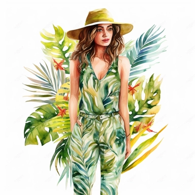 watercolor, hyper realistic, white background, white margins, 16k, ultra detailed clipart, cut out image, hand-drawn, whimsical a pretty lady wear a vibrant jumpsuit featuring a tropical leaf print, great for a tropical getaway or summer parties