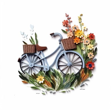 clip art, quilling art style, bicycle with flowers coming out of the basket, grass on the ground, high detail, white background fade to edges, sticker