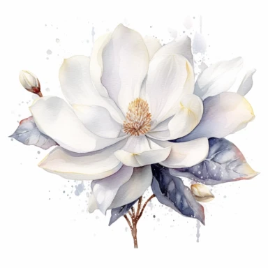 clipart magnolia, watercolor, white background, silver sequins