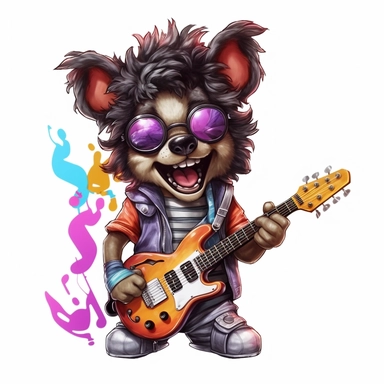 cute Dog character wearing rock music clothes and music element with happy face,front facing on isolated background,with happy face and expression,Animal Sublimation Clipart,no splash watercolor,white background, ultra detailed clipart, cut out image, colorful watercolor realistic, cartoon style, ultra HD, sharp and clean art