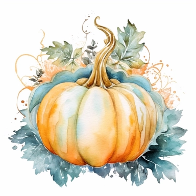 Watercolor pastel boho fat pumpkin with gold ornate watercolor sitting on pumpkin leaves white background. clipart