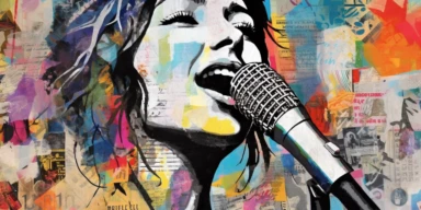 modern pop art collage, microphone singer, colored paper, architectural monuments, leaves, black and white newspaper clippings, colored strokes of paint, on a mottled background