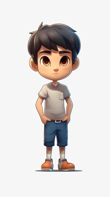 front view of an animated boy standing wearing tshirt character design, full body, drawing a face in maximum quality, high-quality drawing of the face,clipart, full Illustration, 4k, sharp focus, smooth soft skin, symmetrical, detailed face, concept art, style fairy tales, chibi kawaii, . Octane rendering, 3d, perfect face, detailed face, delicate face, perfect sharp lips, detailed eyes